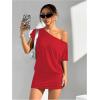 imageSOLY HUX Womens Off The Shoulder Mini Dress Asymmetrical Neck Short Sleeve Casual Bodycon T Shirt DressesPlain Red