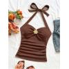 imageSOLY HUX Womens V Neck Halter Tops Open Back Y2k Ruched Floral Metal Summer Going Out Cami TopsPlain Brown
