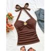 imageSOLY HUX Womens V Neck Halter Tops Open Back Y2k Ruched Floral Metal Summer Going Out Cami TopsPlain Brown