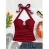 imageSOLY HUX Womens V Neck Halter Tops Open Back Y2k Ruched Floral Metal Summer Going Out Cami TopsPlain Burgundy