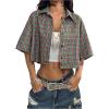 imageSOLY HUX Womens Button Down Vintage Plaid Shirts Short Sleeve Crop Blouses Preppy ClothesGreen Plaid
