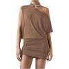 imageSOLY HUX Womens Off The Shoulder Mini Dress Asymmetrical Neck Short Sleeve Casual Bodycon T Shirt DressesPlain Khaki