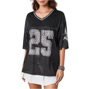 imageSOLY HUX Jersey Shirts for Women Y2k Graphic Number Oversized Tees V Neck Half Sleeve Cute Soccer Streetwear T Shirt TopsBlack Letter Number