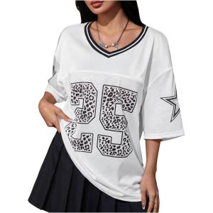 imageSOLY HUX Jersey Shirts for Women Y2k Graphic Number Oversized Tees V Neck Half Sleeve Cute Soccer Streetwear T Shirt TopsWhite Letter Number