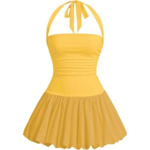 imageSOLY HUX Womens Bubble Mini Dress Y2K Halter Backless Club Party Graduation Short Dresses with Shorts UnderneathPlain Yellow