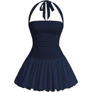 imageSOLY HUX Womens Bubble Mini Dress Y2K Halter Backless Club Party Graduation Short Dresses with Shorts UnderneathSolid Dark Blue