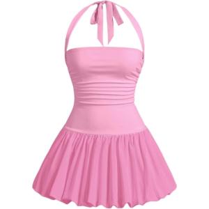 imageSOLY HUX Womens Bubble Mini Dress Y2K Halter Backless Club Party Graduation Short Dresses with Shorts UnderneathSolid Pink