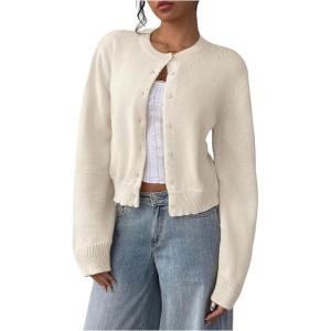 imageSOLY HUX Womens Button Down Long Sleeve Crewneck Crop Cardigan Sweater Cute Knitwear ClothesSolid Beige