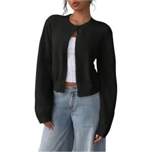 imageSOLY HUX Womens Button Down Long Sleeve Crewneck Crop Cardigan Sweater Cute Knitwear ClothesSolid Black
