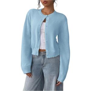 imageSOLY HUX Womens Button Down Long Sleeve Crewneck Crop Cardigan Sweater Cute Knitwear ClothesSolid Blue