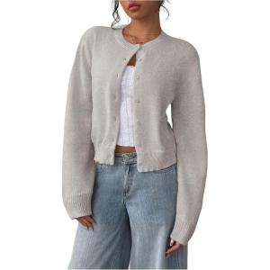 imageSOLY HUX Womens Button Down Long Sleeve Crewneck Crop Cardigan Sweater Cute Knitwear ClothesSolid Grey