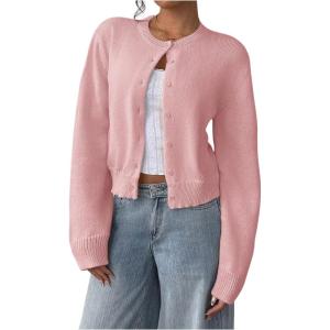 imageSOLY HUX Womens Button Down Long Sleeve Crewneck Crop Cardigan Sweater Cute Knitwear ClothesSolid Pink