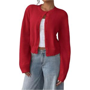 imageSOLY HUX Womens Button Down Long Sleeve Crewneck Crop Cardigan Sweater Cute Knitwear ClothesSolid Red