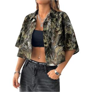 imageSOLY HUX Womens Button Down Vintage Plaid Shirts Short Sleeve Crop Blouses Preppy ClothesArmy Green