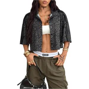 imageSOLY HUX Womens Button Down Vintage Plaid Shirts Short Sleeve Crop Blouses Preppy ClothesBlack Leopard
