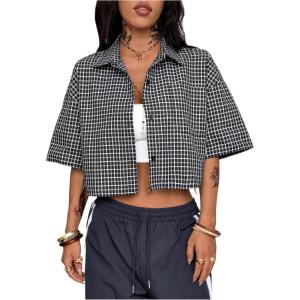 imageSOLY HUX Womens Button Down Vintage Plaid Shirts Short Sleeve Crop Blouses Preppy ClothesBlack Plaid