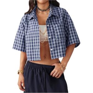 imageSOLY HUX Womens Button Down Vintage Plaid Shirts Short Sleeve Crop Blouses Preppy ClothesBlue Gingham