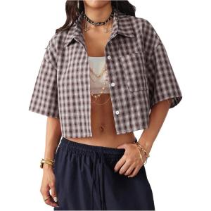 imageSOLY HUX Womens Button Down Vintage Plaid Shirts Short Sleeve Crop Blouses Preppy ClothesCoffee Brown Gingham