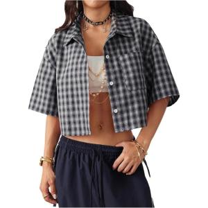 imageSOLY HUX Womens Button Down Vintage Plaid Shirts Short Sleeve Crop Blouses Preppy ClothesDark Blue Plaid