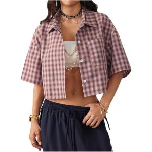 imageSOLY HUX Womens Button Down Vintage Plaid Shirts Short Sleeve Crop Blouses Preppy ClothesDusty Pink