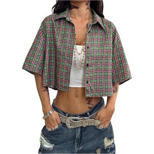 imageSOLY HUX Womens Button Down Vintage Plaid Shirts Short Sleeve Crop Blouses Preppy ClothesGreen Plaid