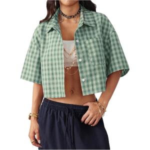 imageSOLY HUX Womens Button Down Vintage Plaid Shirts Short Sleeve Crop Blouses Preppy ClothesGreen and White