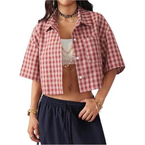 imageSOLY HUX Womens Button Down Vintage Plaid Shirts Short Sleeve Crop Blouses Preppy ClothesRed Plaid
