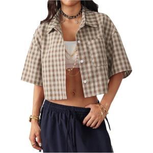 imageSOLY HUX Womens Button Down Vintage Plaid Shirts Short Sleeve Crop Blouses Preppy ClothesRust Brown