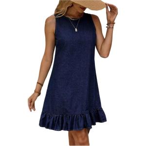 imageSOLY HUX Womens Denim Dress Sleeveless Button Back Ruffle Short Jean Dresses Cute Summer Tank DressDark Wash