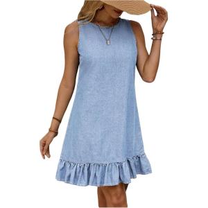 imageSOLY HUX Womens Denim Dress Sleeveless Button Back Ruffle Short Jean Dresses Cute Summer Tank DressLight Blue