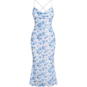 imageSOLY HUX Womens Floral Mesh Bodycon Cami Dress Cowl Neck Sleeveless Cocktail Party Wedding Guest Long Maxi DressesBlue Flower