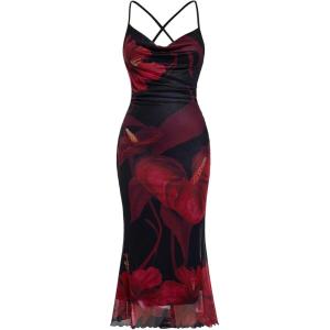 imageSOLY HUX Womens Floral Mesh Bodycon Cami Dress Cowl Neck Sleeveless Cocktail Party Wedding Guest Long Maxi DressesRed Floral Print