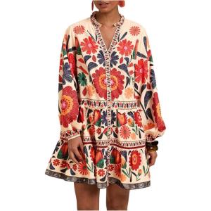 imageSOLY HUX Womens Floral Print Summer Short Dresses Boho Beach Long Sleeve Button Down Flowy Smock DressBeige Floral