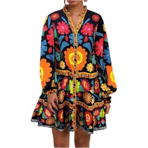 imageSOLY HUX Womens Floral Print Summer Short Dresses Boho Beach Long Sleeve Button Down Flowy Smock DressBlack Floral