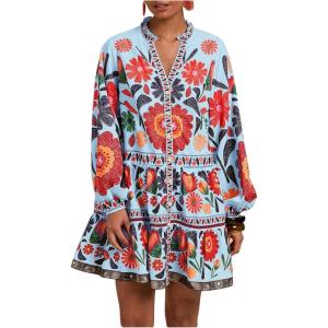 imageSOLY HUX Womens Floral Print Summer Short Dresses Boho Beach Long Sleeve Button Down Flowy Smock DressBlue Floral