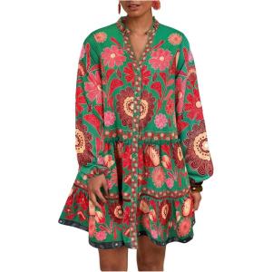 imageSOLY HUX Womens Floral Print Summer Short Dresses Boho Beach Long Sleeve Button Down Flowy Smock DressGreen Floral