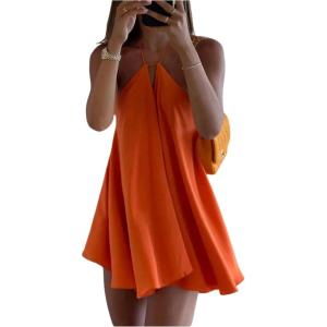 imageSOLY HUX Womens Halter Neck Sleeveless Bow Tie Backless Flowy Mini Dress Beach Vacation ClothesSolid Orange