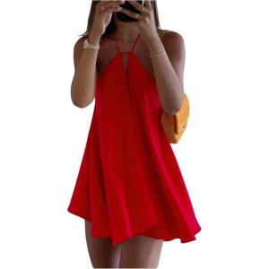imageSOLY HUX Womens Halter Neck Sleeveless Bow Tie Backless Flowy Mini Dress Beach Vacation ClothesSolid Red