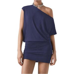 imageSOLY HUX Womens Off The Shoulder Mini Dress Asymmetrical Neck Short Sleeve Casual Bodycon T Shirt DressesPlain Blue
