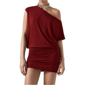 imageSOLY HUX Womens Off The Shoulder Mini Dress Asymmetrical Neck Short Sleeve Casual Bodycon T Shirt DressesPlain Burgundy