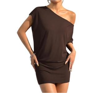 imageSOLY HUX Womens Off The Shoulder Mini Dress Asymmetrical Neck Short Sleeve Casual Bodycon T Shirt DressesPlain Coffee Brown