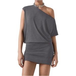 imageSOLY HUX Womens Off The Shoulder Mini Dress Asymmetrical Neck Short Sleeve Casual Bodycon T Shirt DressesPlain Grey
