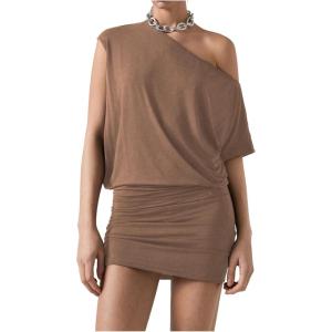 imageSOLY HUX Womens Off The Shoulder Mini Dress Asymmetrical Neck Short Sleeve Casual Bodycon T Shirt DressesPlain Khaki