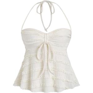 imageSOLY HUX Womens Peplum Halter Crop Tops Y2K Drawstring Tie Ruched Dressy Casual Spaghetti Strap Cami TopApricot