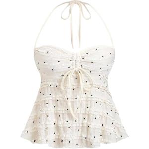 imageSOLY HUX Womens Peplum Halter Crop Tops Y2K Drawstring Tie Ruched Dressy Casual Spaghetti Strap Cami TopApricot and Black