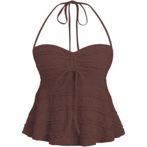 imageSOLY HUX Womens Peplum Halter Crop Tops Y2K Drawstring Tie Ruched Dressy Casual Spaghetti Strap Cami TopChocolate Brown
