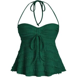 imageSOLY HUX Womens Peplum Halter Crop Tops Y2K Drawstring Tie Ruched Dressy Casual Spaghetti Strap Cami TopDark Green