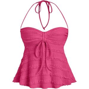 imageSOLY HUX Womens Peplum Halter Crop Tops Y2K Drawstring Tie Ruched Dressy Casual Spaghetti Strap Cami TopHot Pink