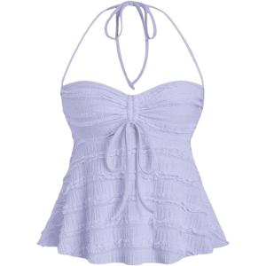 imageSOLY HUX Womens Peplum Halter Crop Tops Y2K Drawstring Tie Ruched Dressy Casual Spaghetti Strap Cami TopMauve Purple