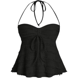 imageSOLY HUX Womens Peplum Halter Crop Tops Y2K Drawstring Tie Ruched Dressy Casual Spaghetti Strap Cami TopPure Black